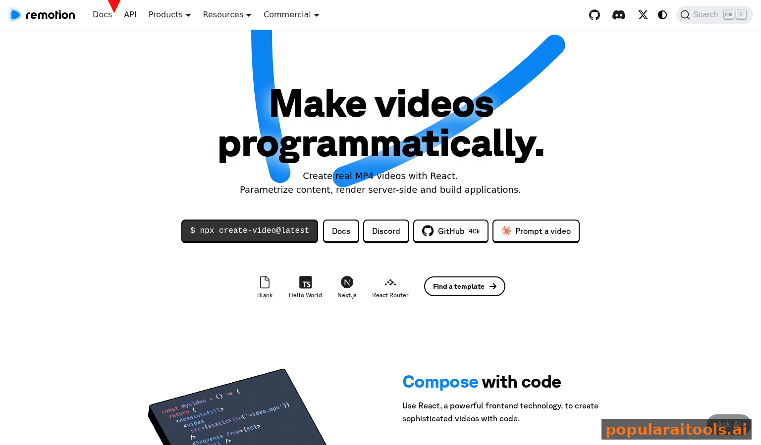 Remotion homepage with quick start guide
