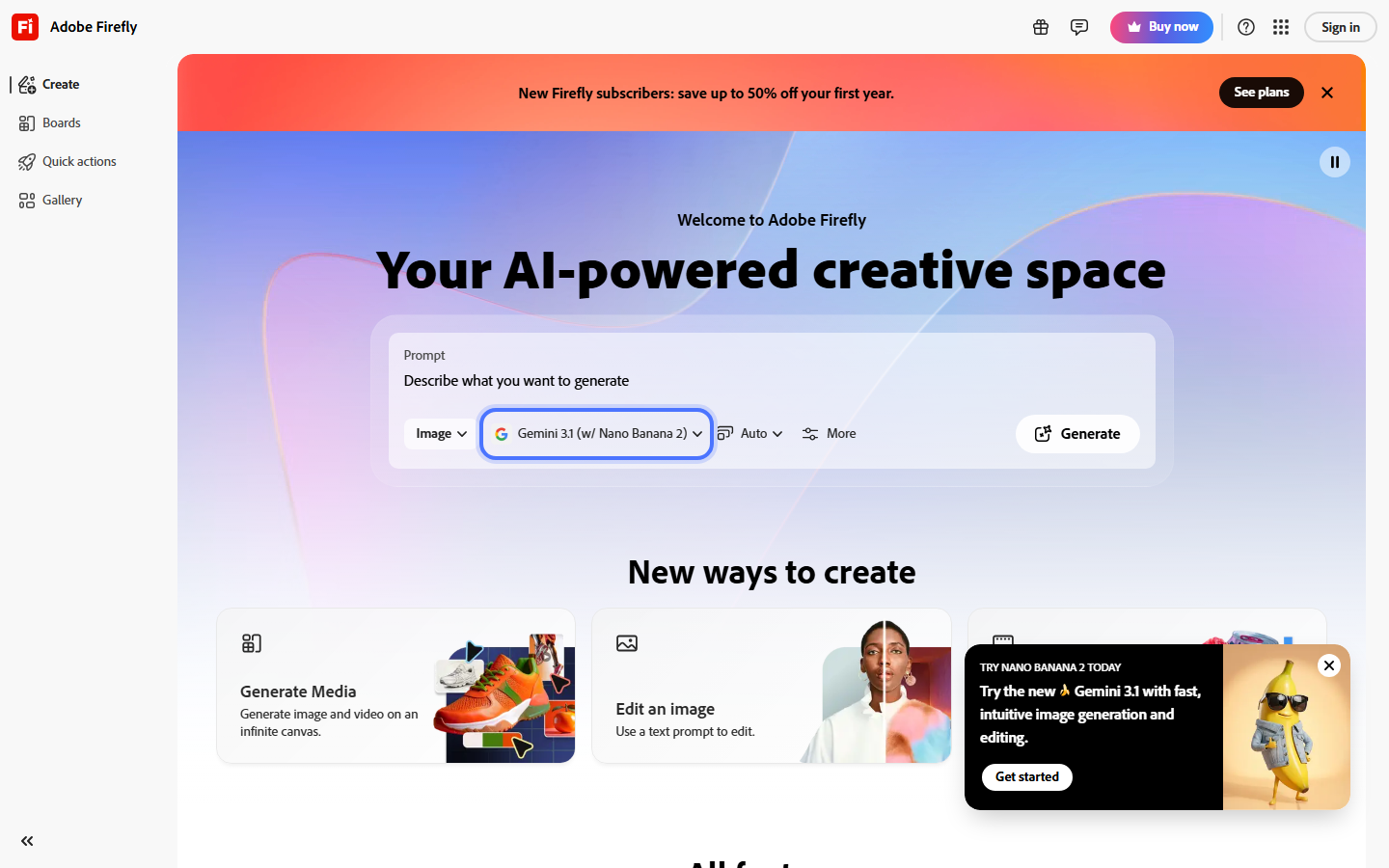 Adobe Firefly web application showing the main interface with text-to-image generation, video creation, and creative tools