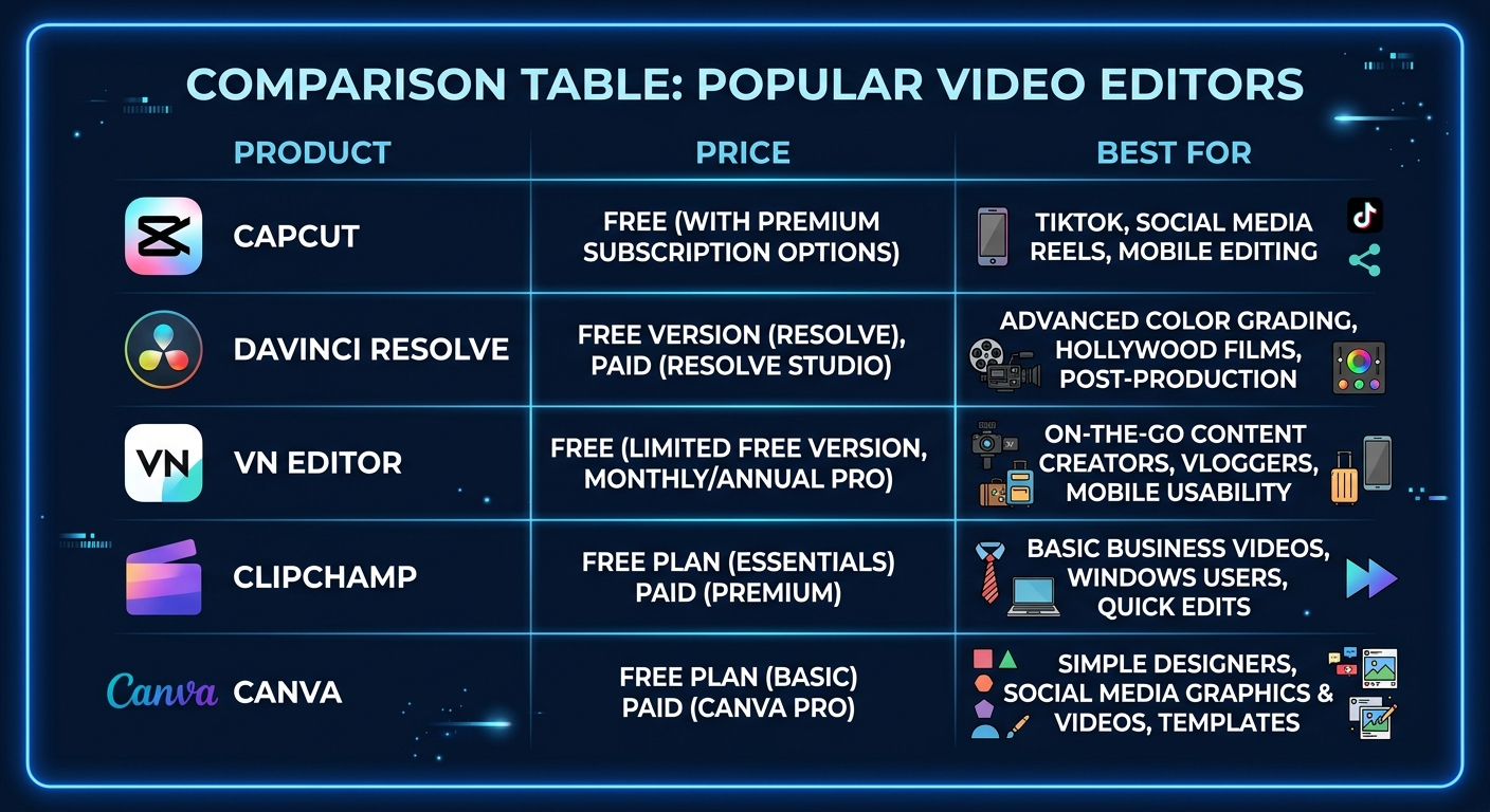 CapCut alternatives comparison showing DaVinci Resolve, VN Editor, Clipchamp, and Canva Video with pricing and platform details