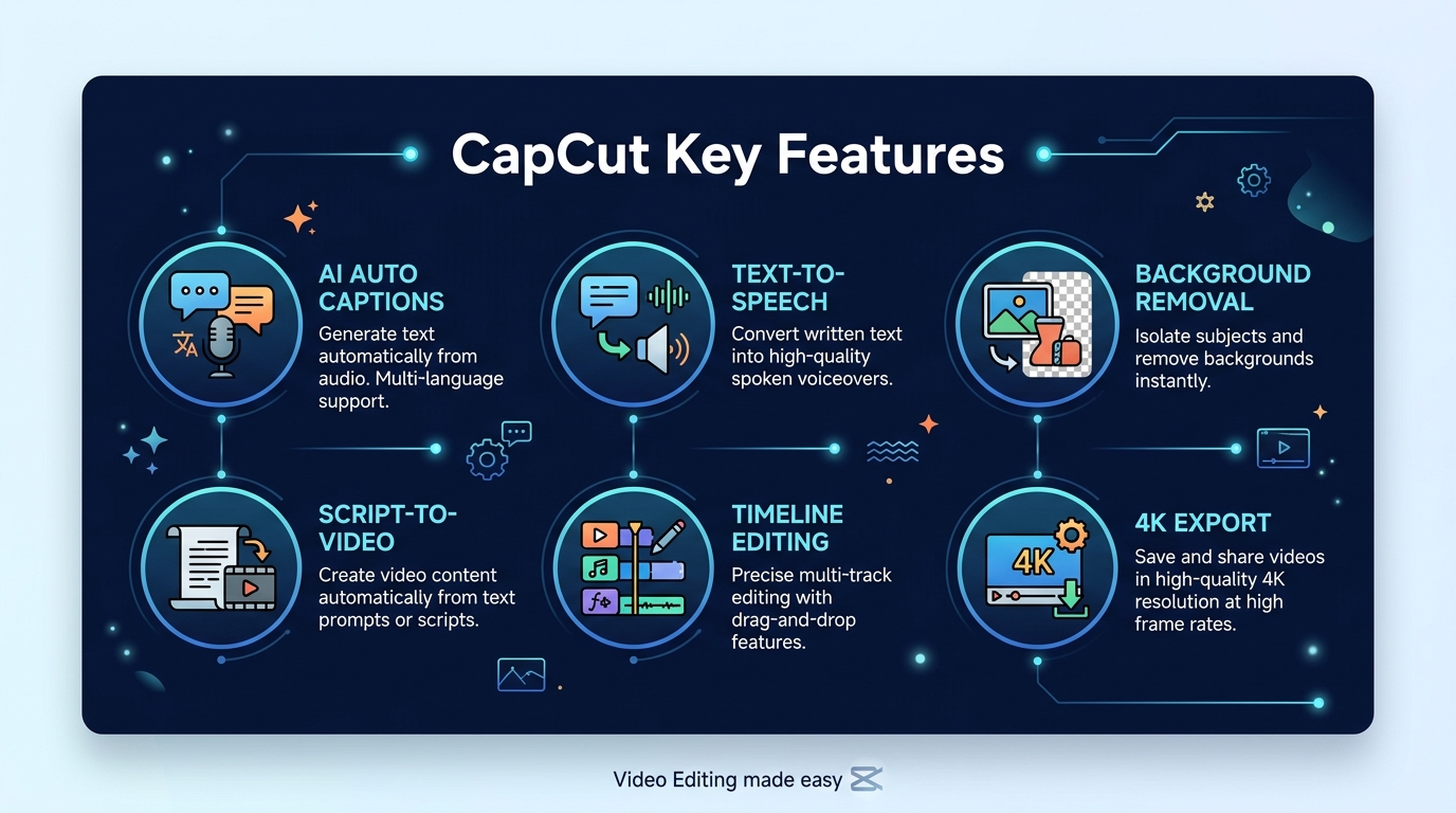 CapCut key features infographic showing AI auto captions, text-to-speech, background removal, script-to-video, timeline editing, and 4K export