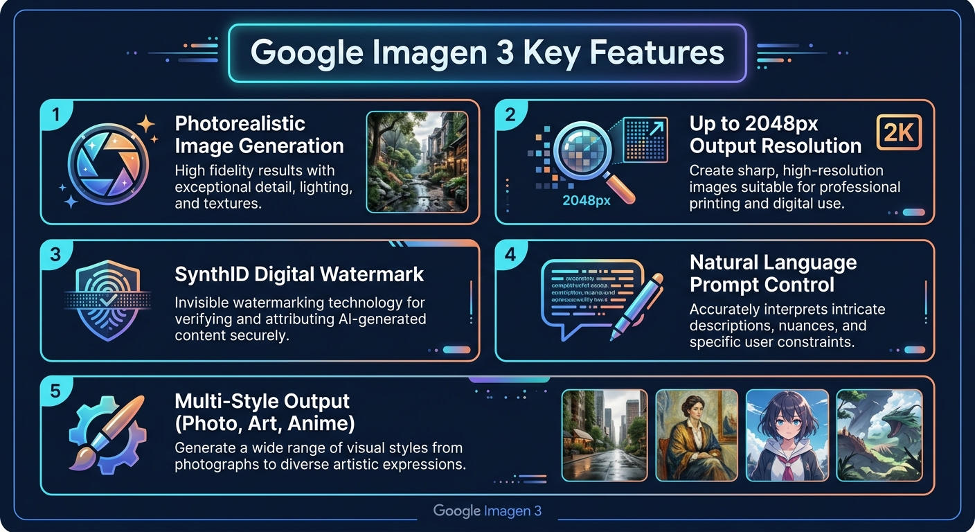 Google Imagen 3 key features infographic showing photorealistic generation, 2048px resolution, SynthID watermark, natural language prompts, and multi-style output