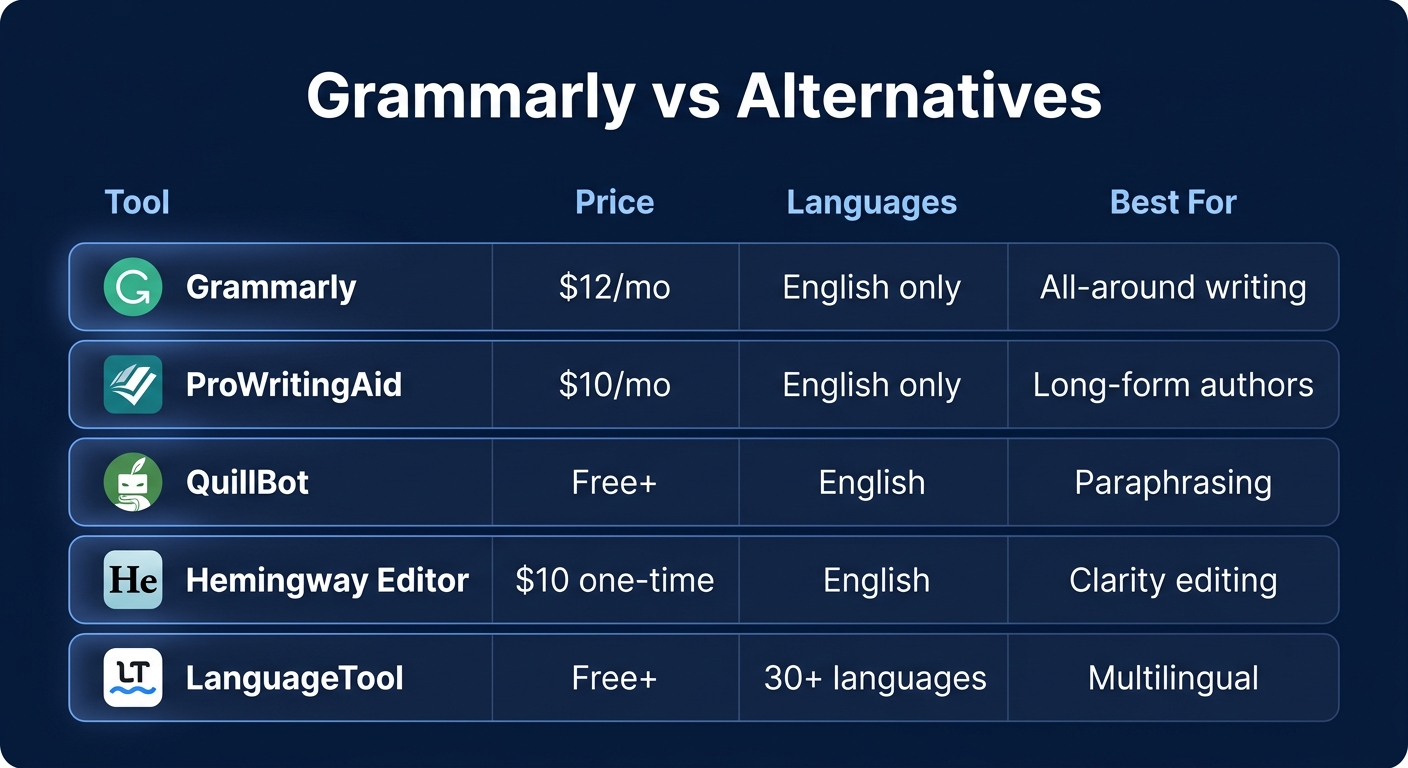 Grammarly alternatives comparison card showing ProWritingAid, QuillBot, Hemingway Editor, and LanguageTool with pricing and key differences