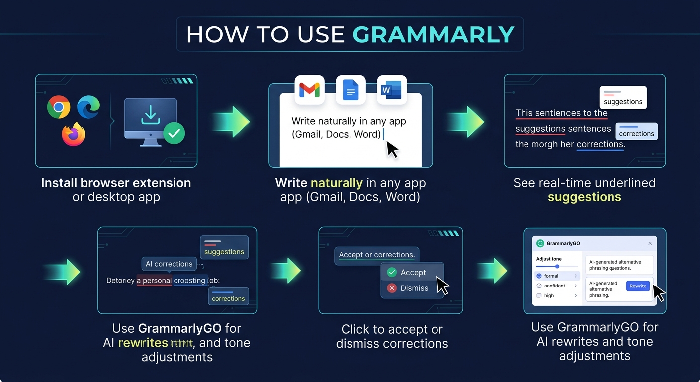 Step-by-step workflow diagram showing how to use Grammarly from installation to AI-powered rewrites
