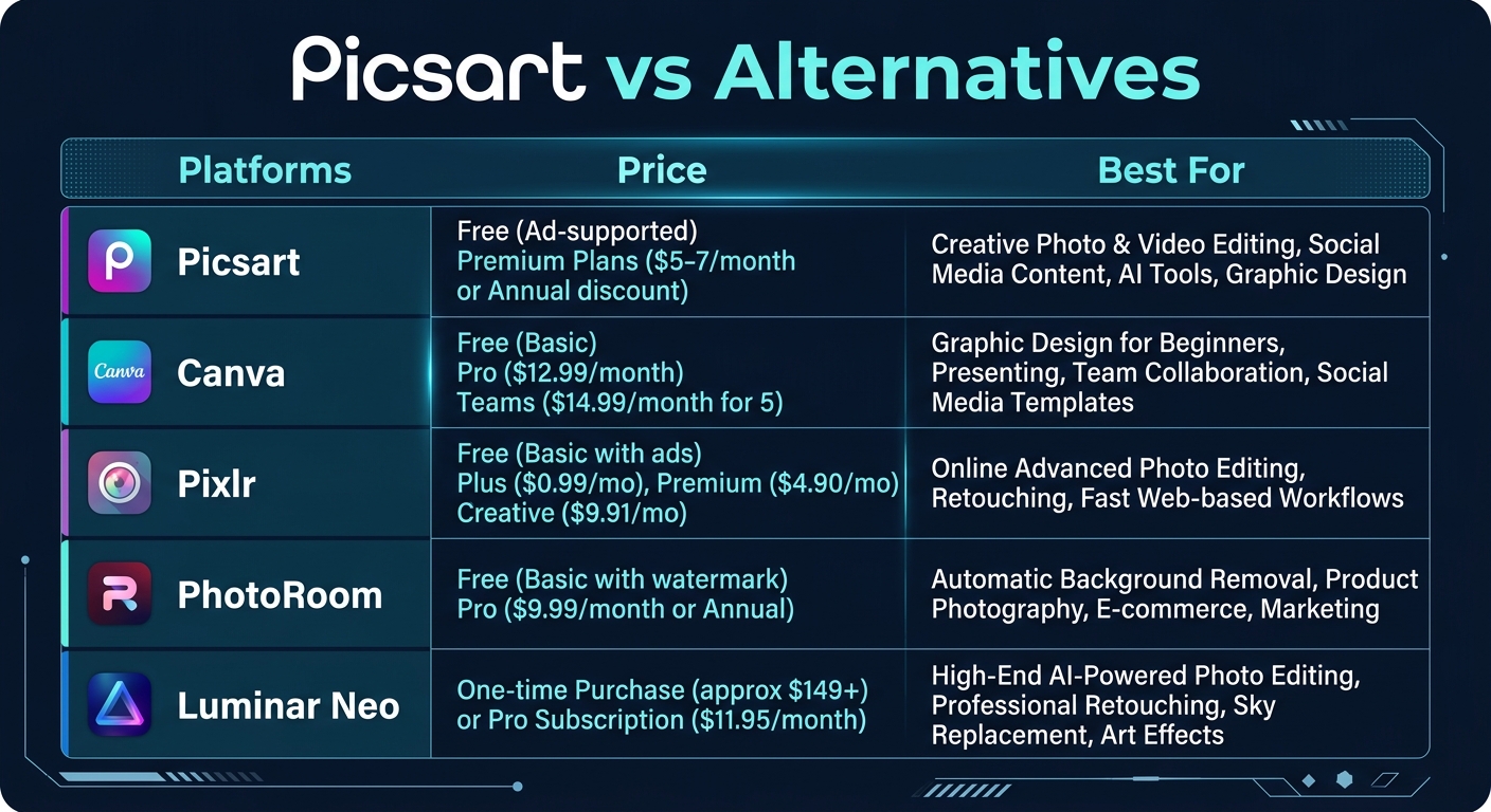 Picsart alternatives comparison showing Canva, Pixlr, PhotoRoom, and Luminar Neo with pricing and use cases