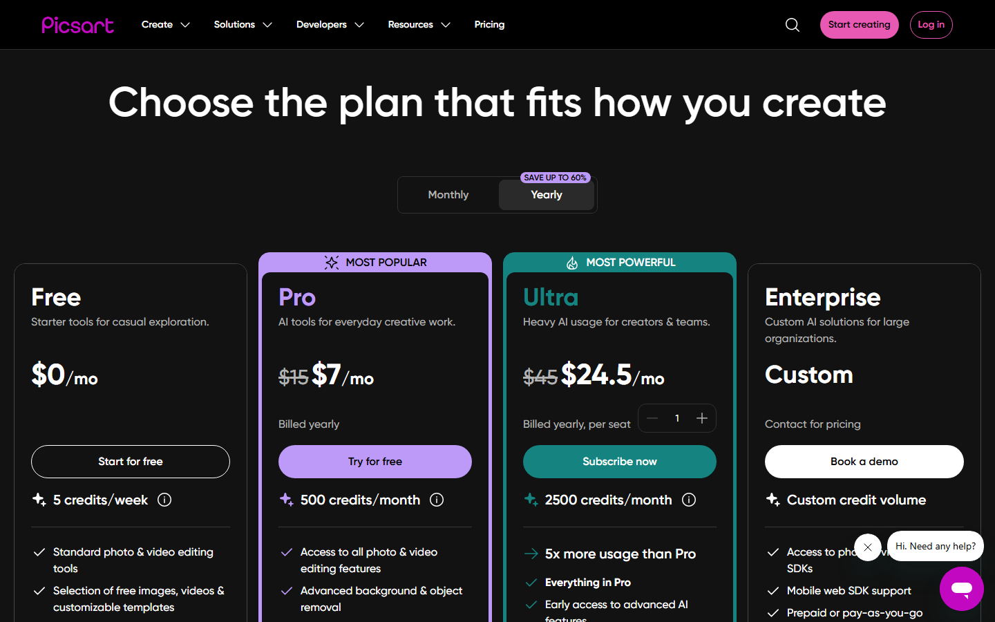 Picsart official pricing page showing Free, Plus, Pro, and Enterprise plan details and features