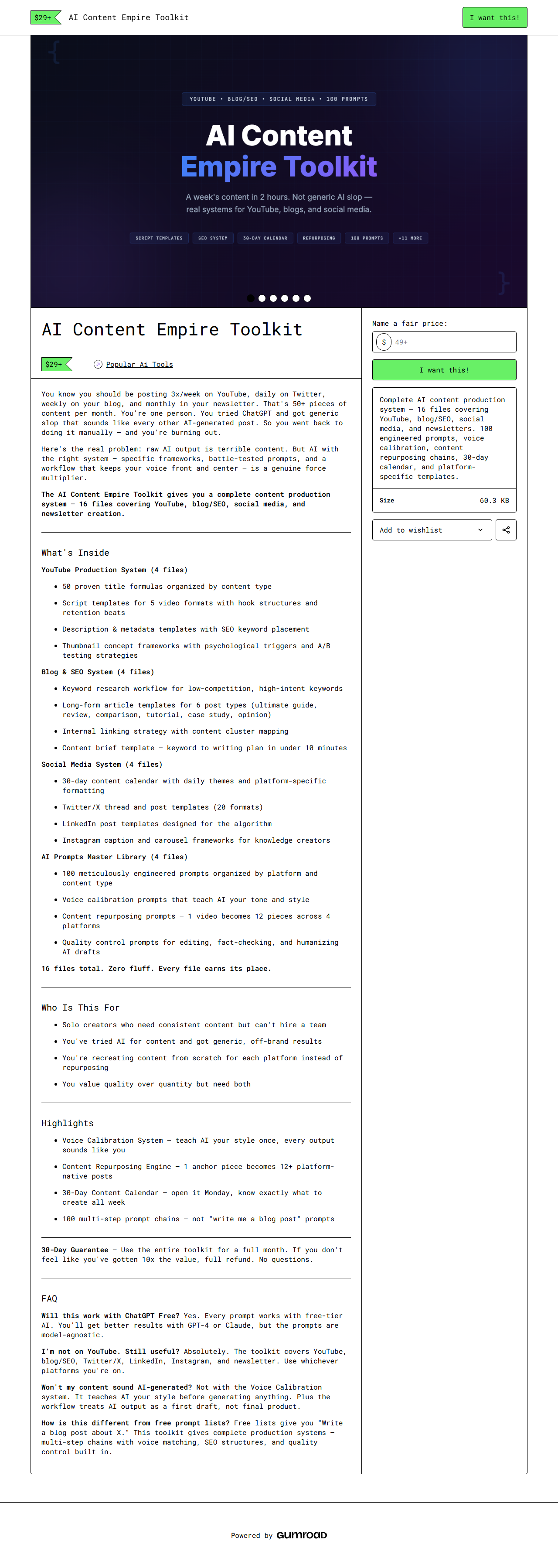 AI Content Empire Toolkit — full Gumroad product page