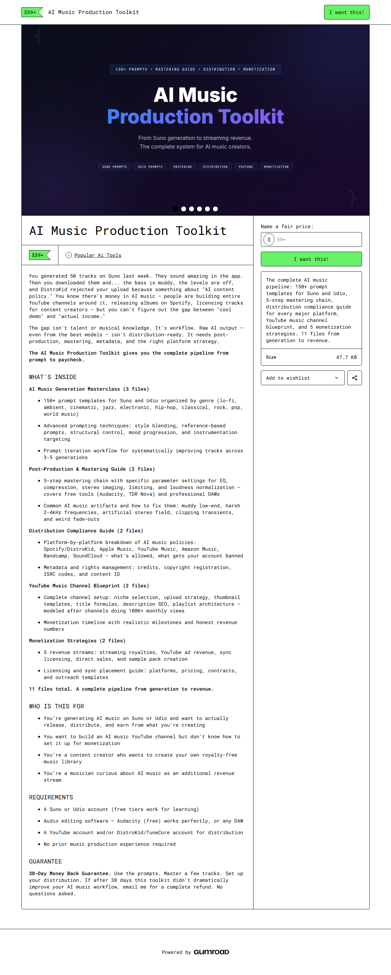 AI Music Production Toolkit — full Gumroad product page