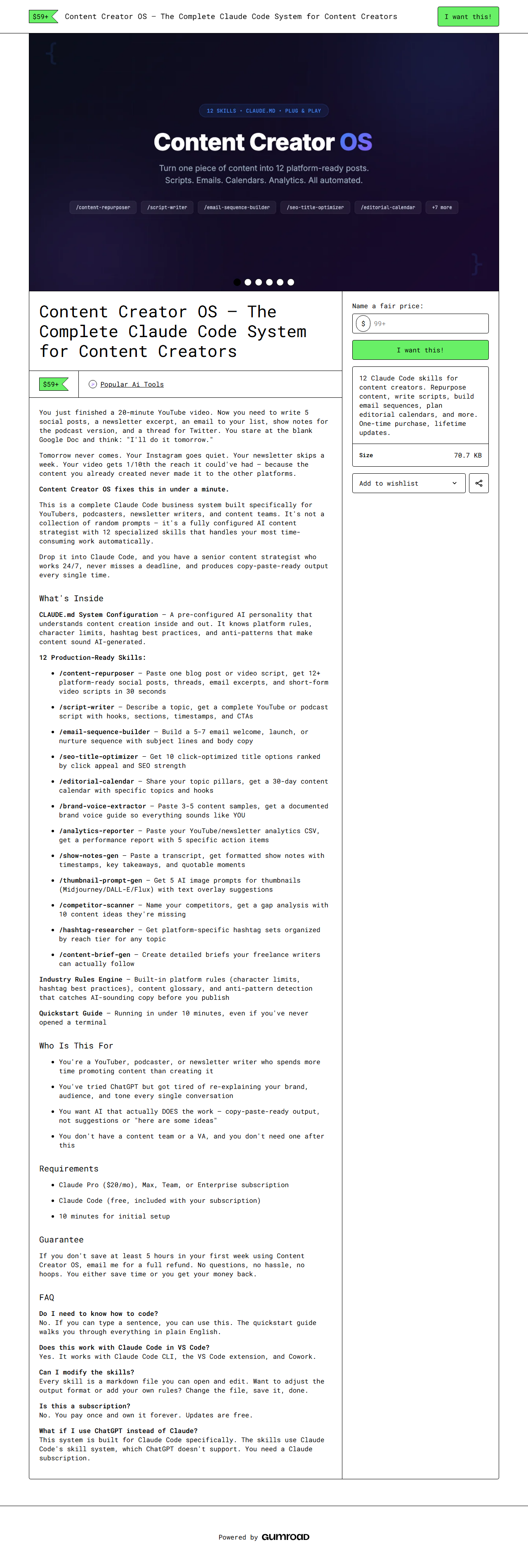 Content Creator OS — full Gumroad product page