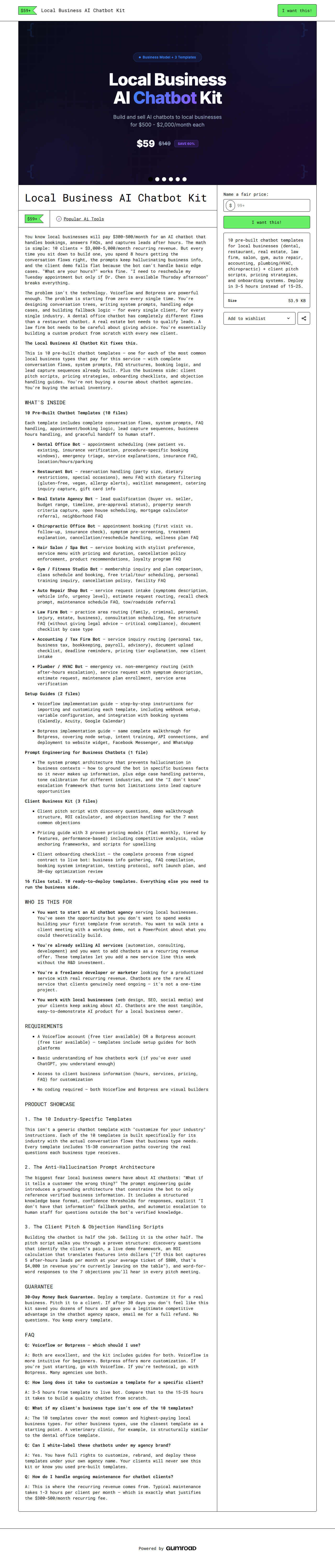 Local Business AI Chatbot Kit — full Gumroad product page